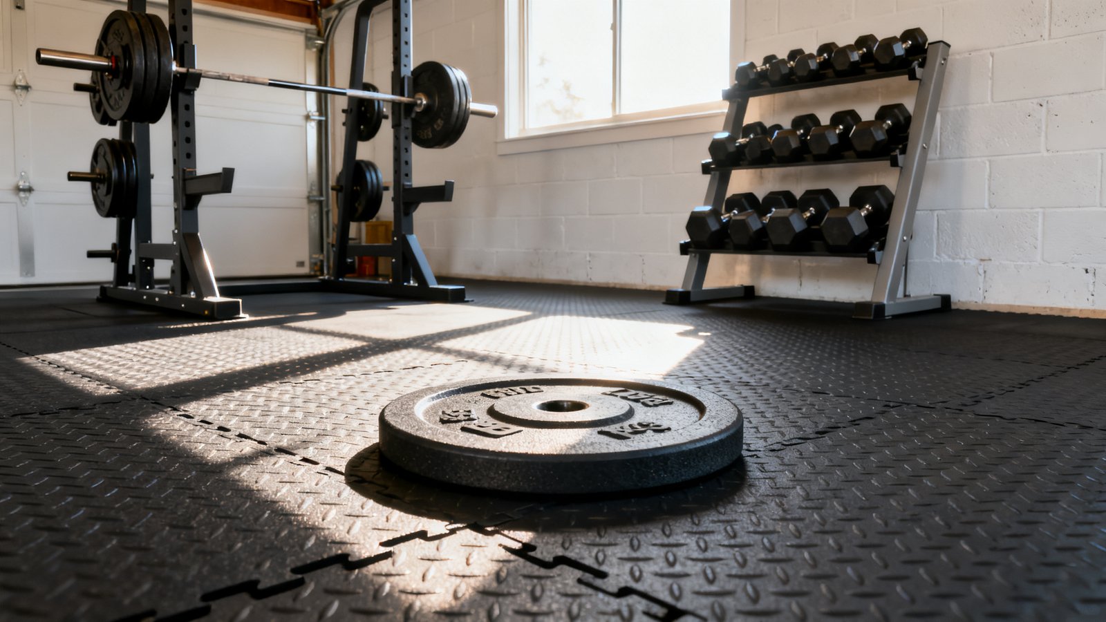 home gym flooring comparison between interlocking tiles and rubber rolls in a garage gym setting