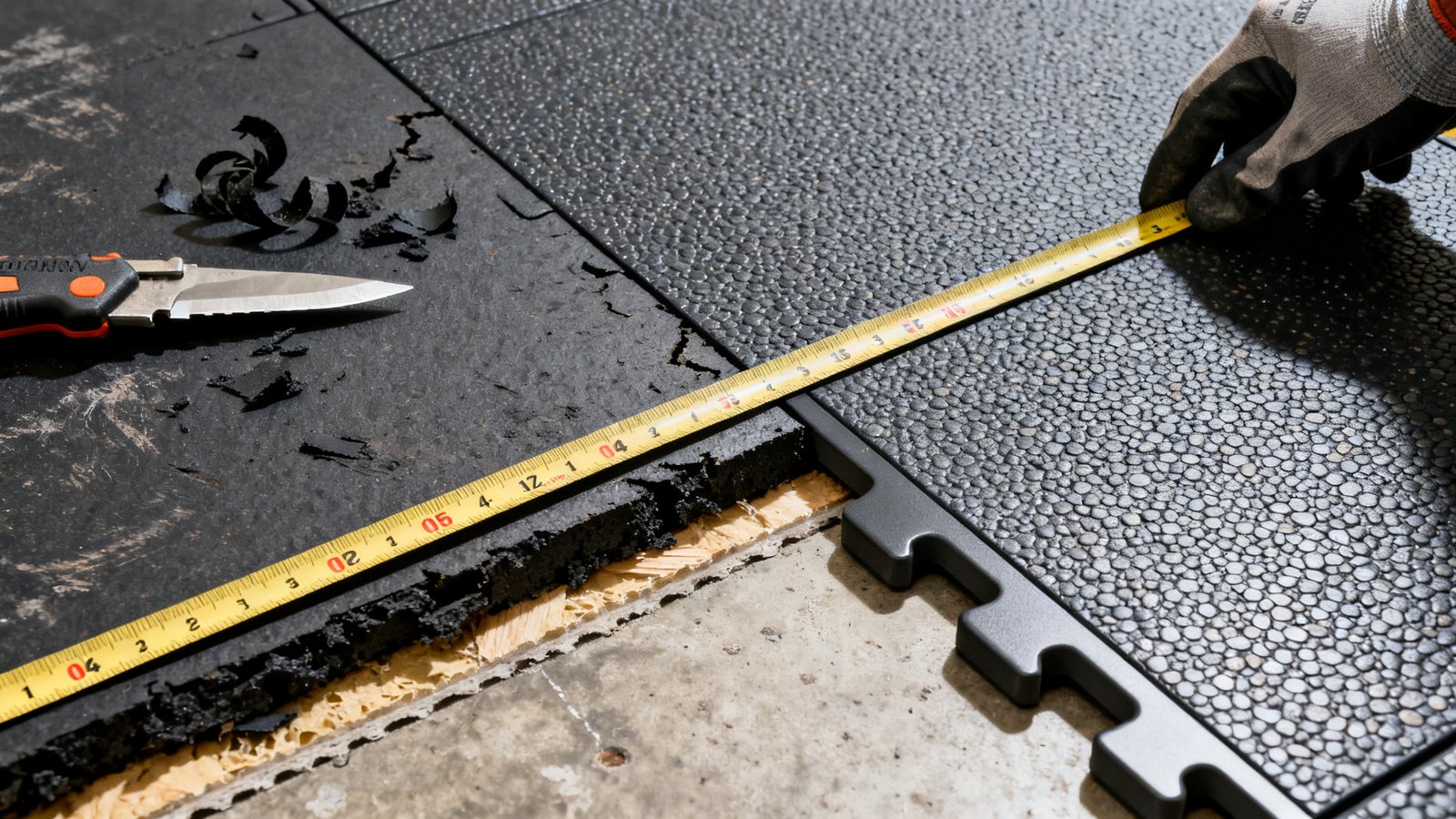 home gym flooring installation showing stall mat cutting and interlocking tile assembly